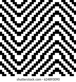 Vector seamless pattern. Decorative ornament, traditional tracery with black white diagonal zigzag line. Background, op art texture with jacquard knitting. Fabric, textile, swatch, cloth, tapestry.