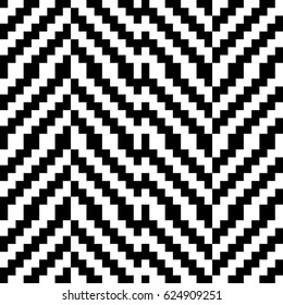 Vector seamless pattern. Decorative ornament, traditional tracery with black white diagonal zigzag line. Background, op art texture with jacquard knitting. Fabric, textile, swatch, cloth, tapestry.