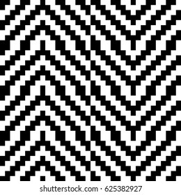 Vector seamless pattern. Decorative ornament, traditional tracery with black white diagonal zigzag line. Background, op art texture with jacquard knitting. Fabric, textile, swatch, cloth, tapestry.