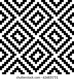 Vector seamless pattern. Decorative ornament, traditional tracery with black white diagonal zigzag line. Background, op art texture with jacquard knitting. Fabric, textile, swatch, cloth, tapestry.