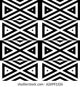 Vector seamless pattern. Decorative ornament, figurative design template with striped black white triangles. Background, texture with optical illusion effect. Decor for card tile textile parquet wall