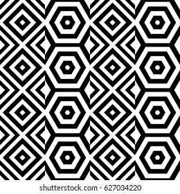 Vector seamless pattern. Decorative ornament, figurative design template with striped black white rhombuses (squares) and hexagons. Background, texture with op art effect. Modern tile, card, cover