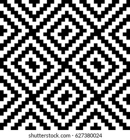 Vector seamless pattern. Decorative ornament, traditional tracery with black white diagonal zigzag line. Background, op art texture with jacquard knitting. Fabric, textile, swatch, cloth, tapestry.