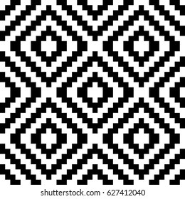 Vector seamless pattern. Decorative ornament, traditional tracery with black white diagonal zigzag line. Background, op art texture with jacquard knitting. Fabric, textile, swatch, cloth, tapestry.