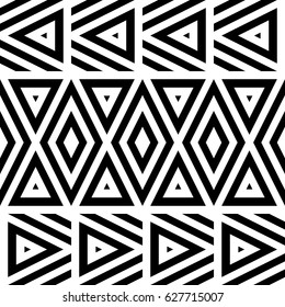 Vector seamless pattern. Decorative ornament, figurative design template with striped black white triangles. Background, texture with optical illusion effect. Decor for card tile textile parquet wall
