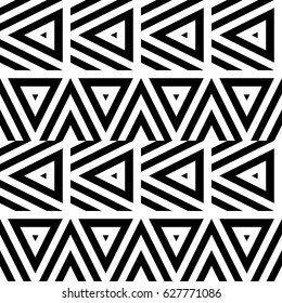 Vector seamless pattern. Decorative ornament, figurative design template with striped black white triangles. Background, texture with optical illusion effect. Decor for card tile textile parquet wall