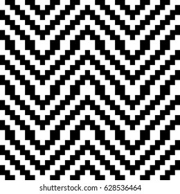 Vector seamless pattern. Decorative ornament, traditional tracery with black white diagonal zigzag line. Background, op art texture with jacquard knitting. Fabric, textile, swatch, cloth, tapestry.