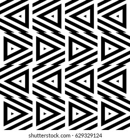 Vector seamless pattern. Decorative ornament, figurative design template with striped black white triangles. Background, texture with optical illusion effect. Decor for card tile textile parquet wall