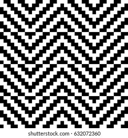 Vector seamless pattern. Decorative ornament, traditional tracery with black white diagonal zigzag line. Background, op art texture with jacquard knitting. Fabric, textile, swatch, cloth, tapestry.