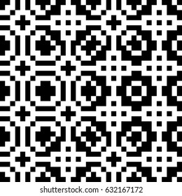 Vector seamless pattern. Decorative ornament, traditional tracery with black white design. Background, texture with folk handiwork. Fabric textile swatch for cloth, blanket, carpet, tapestry.