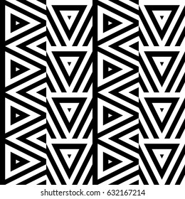 Vector seamless pattern. Decorative ornament, figurative design template with striped black white triangles. Background, texture with optical illusion effect. Decor for card tile textile parquet wall