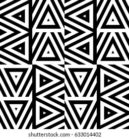 Vector seamless pattern. Decorative ornament, figurative design template with striped black white triangles. Background, texture with optical illusion effect. Decor for card tile textile parquet wall