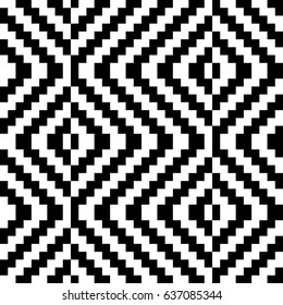 Vector seamless pattern. Decorative ornament, traditional tracery with black white diagonal zigzag line. Background, op art texture with jacquard knitting. Fabric, textile, swatch, cloth, tapestry.