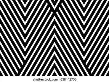 Vector seamless pattern. Decorative ornament, figurative design template with striped black white triangles. Background, texture with optical illusion effect. Decor for card tile textile parquet wall