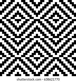 Vector seamless pattern. Decorative ornament, traditional tracery with black white diagonal zigzag line. Background, op art texture with jacquard knitting. Fabric, textile, swatch, cloth, tapestry.