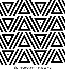 Vector seamless pattern. Decorative ornament, figurative design template with striped black white triangles. Background, texture with optical illusion effect. Decor for card tile textile parquet wall