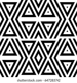 Vector seamless pattern. Decorative ornament, figurative design template with striped black white triangles. Background, texture with optical illusion effect. Decor for card tile textile parquet wall