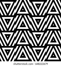 Vector seamless pattern. Decorative ornament, figurative design template with striped black white triangles. Background, texture with optical illusion effect. Decor for card tile textile parquet wall