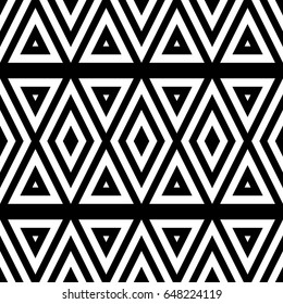 Vector seamless pattern. Decorative ornament, figurative design template with striped black white triangles. Background, texture with optical illusion effect. Decor for card tile textile parquet wall
