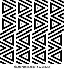 Vector seamless pattern. Decorative ornament, figurative design template with striped black white triangles. Background, texture with optical illusion effect. Decor for card tile textile parquet wall