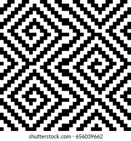Vector seamless pattern. Decorative ornament, traditional tracery with black white diagonal zigzag line. Background, op art texture with jacquard knitting. Fabric, textile, swatch, cloth, tapestry.