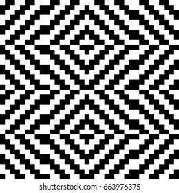 Vector seamless pattern. Decorative ornament, traditional tracery with black white diagonal zigzag line. Background, op art texture with jacquard knitting. Fabric, textile, swatch, cloth, tapestry.