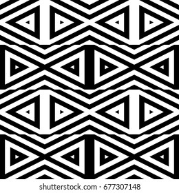 Vector seamless pattern. Decorative ornament, figurative design template with striped black white triangles. Background, texture with optical illusion effect. Decor for card tile textile parquet wall