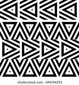 Vector seamless pattern. Decorative ornament, figurative design template with striped black white triangles. Background, texture with optical illusion effect. Decor for card tile textile parquet wall