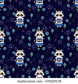 Vector seamless pattern. Decorative, ornamental illustration, lucky raccoon, herbs, mushrooms, grass, branch and leaves, flowers background. Green, blue, beige, black, yellow and white colors