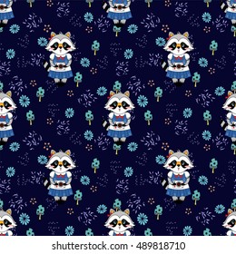 Vector seamless pattern. Decorative, ornamental illustration, lucky raccoon, herbs, mushrooms, grass, branch and leaves, flowers background. Green, blue, beige, black, yellow and white colors