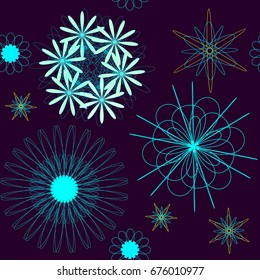 Vector seamless pattern decorative outlined decorative flowers on a blue background
