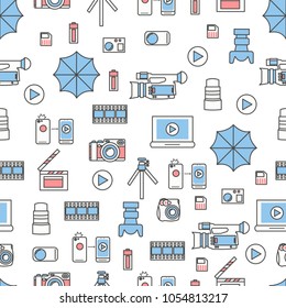 Vector seamless pattern with decorative photographic symbols, icons. Photography background, wrapping paper texture thin line art flat style design.