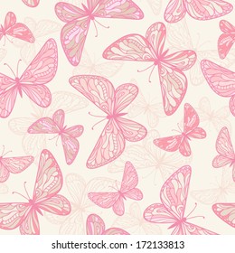 Vector seamless pattern with decorative pink butterflies.