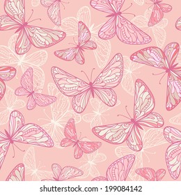 Vector seamless pattern with decorative pink butterflies.