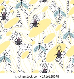 Vector seamless pattern. Decorative plant print. Trendy patterns, stylish hand-drawn floral elements, birds, insects.
