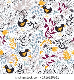 Vector seamless pattern. Decorative plant print. Trendy patterns, stylish hand-drawn floral elements, birds, insects.
