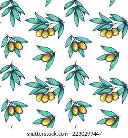 Vector seamless pattern for decorative print. Hand drawn olive branches.