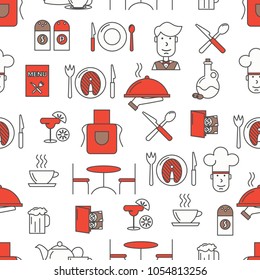 Vector seamless pattern with decorative restaurant service, food, tableware symbols, icons. Restaurant background, wrapping paper texture thin line art flat style design.