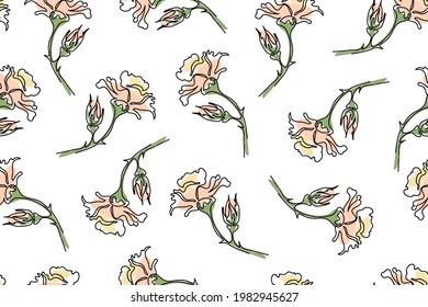 Vector seamless pattern with decorative rose flower isolated white background, close-up, black line art, color spots in pastel colors, light feminine print of textile design, wallpaper, wrapping paper