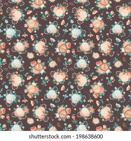 Vector seamless pattern with decorative roses on a dark background.