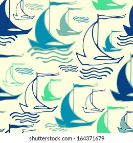 Vector seamless pattern with decorative sailing ships on waves. Can be used for textile, summer fashion fabric, website background, packaging, invitations, greeting cards