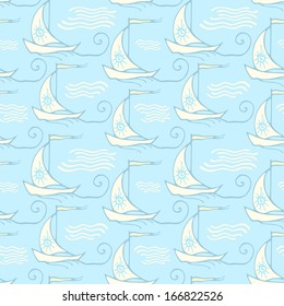 Vector seamless pattern with decorative sailing ships on waves