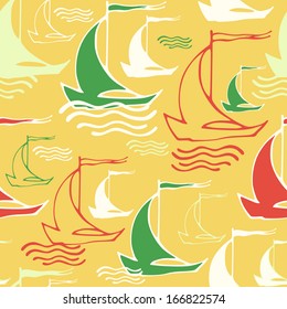 Vector seamless pattern with decorative sailing ships on waves