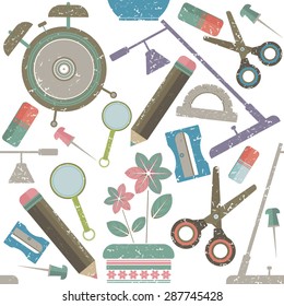 Vector seamless pattern with decorative school supplies elements: pencil, sharpener,button,reading-lamp and alarm clock