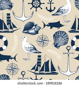 Vector seamless pattern with decorative sea elements and hand drawn sea illustrations. Vintage background