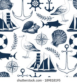 Vector seamless pattern with decorative sea elements and hand drawn sea illustrations. Vintage background