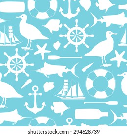 Vector seamless pattern with decorative sea elements and illustrations. Vintage summertime background