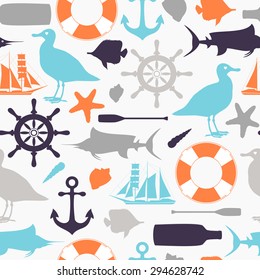 Vector seamless pattern with decorative sea elements and illustrations. Vintage summertime background