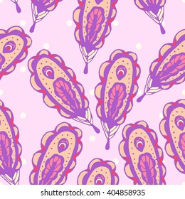 Vector seamless pattern with decorative violet feathers isolated on lilac background. Good for clothes, package and gift wrap