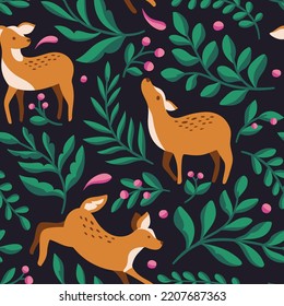 Vector Seamless pattern with deer and botanical elements.